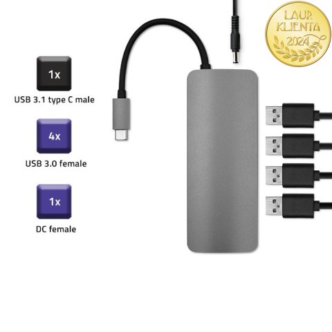 Qoltec Hub Adapter USB-C 3.1 5w1 | 4x USB 3.0 | DC
