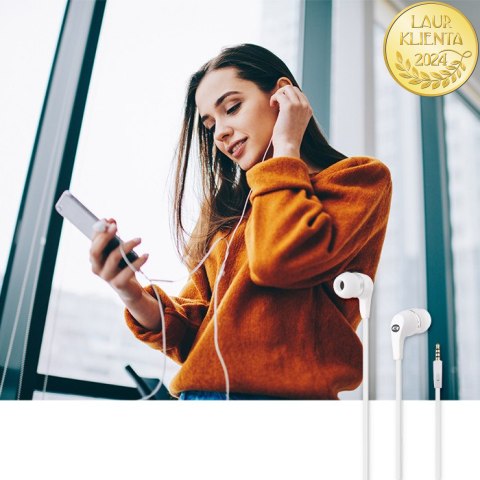 Qoltec Słuchawki dokanałowe z mikrofonem | Białe | Płaski kabel 1.2m