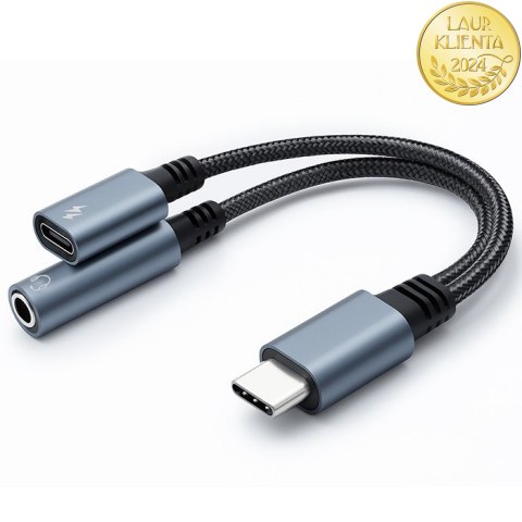 Qoltec Adapter przejściówka 2w1 USB-C | USB-C | Jack 3.5mm | PD 15W | 10cm | Aluminium