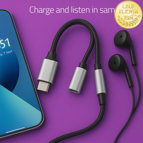 Qoltec Adapter przejściówka 2w1 USB-C | USB-C | Jack 3.5mm | PD 15W | 10cm | Aluminium