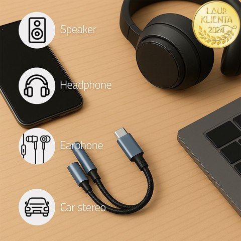 Qoltec Adapter przejściówka 2w1 USB-C | USB-C | Jack 3.5mm | PD 15W | 10cm | Aluminium