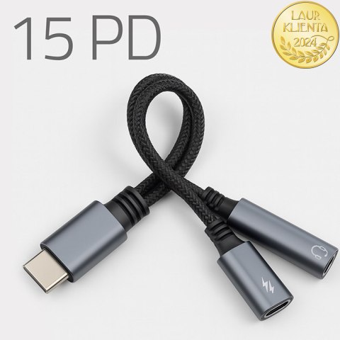 Qoltec Adapter przejściówka 2w1 USB-C | USB-C | Jack 3.5mm | PD 15W | 10cm | Aluminium