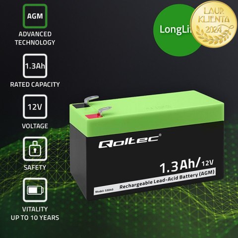 Qoltec Akumulator AGM | 12V | 1.3Ah | Bezobsługowy | Wydajny | LongLife | do UPS, wagi, kasy