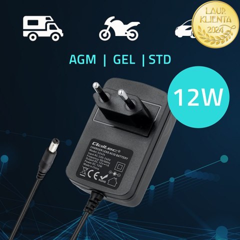 Qoltec Automatyczna ładowarka do akumulatora AGM GEL STD 12V | 1A | Prostownik z sygnalizatorem LED
