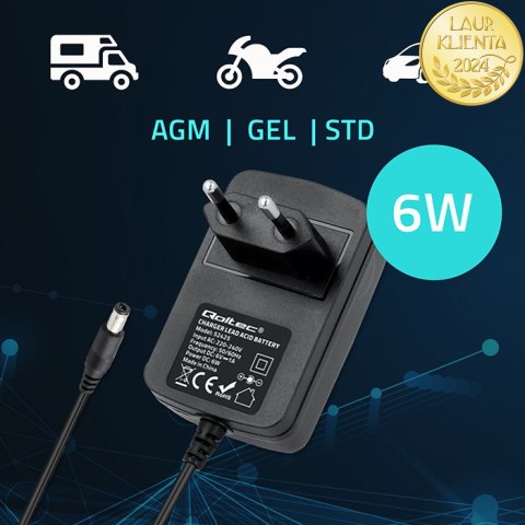 Qoltec Automatyczna ładowarka do akumulatora AGM GEL STD 6V | 1A | Prostownik z sygnalizatorem LED