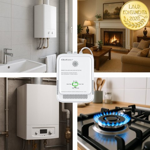 Qoltec Certyfikowany Czujnik wycieku gazu ziemnego i tlenku węgla (czadu) | detektor CH4 CO | alarm 85dB | LED