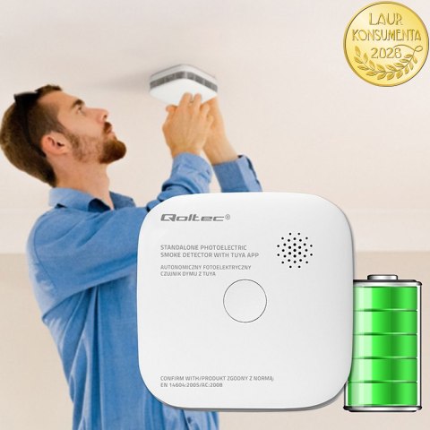 Qoltec Certyfikowany bezprzewodowy Czujnik dymu z baterią | Tuya | Wi-fi | żywotność sensora 10 lat | alarm 85dB | LED