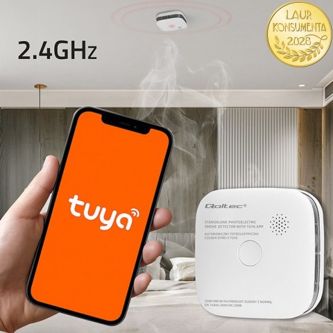 Qoltec Certyfikowany bezprzewodowy Czujnik dymu z baterią | Tuya | Wi-fi | żywotność sensora 10 lat | alarm 85dB | LED