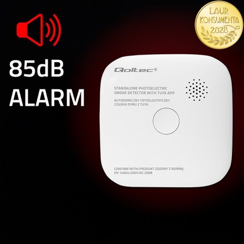 Qoltec Certyfikowany bezprzewodowy Czujnik dymu z baterią | Tuya | Wi-fi | żywotność sensora 10 lat | alarm 85dB | LED