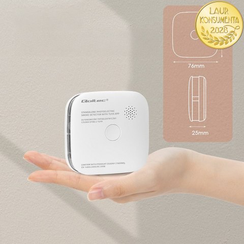 Qoltec Certyfikowany bezprzewodowy Czujnik dymu z baterią | Tuya | Wi-fi | żywotność sensora 10 lat | alarm 85dB | LED
