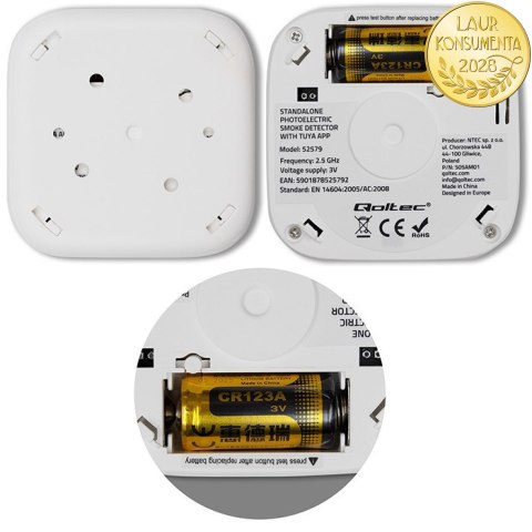 Qoltec Certyfikowany bezprzewodowy Czujnik dymu z baterią | Tuya | Wi-fi | żywotność sensora 10 lat | alarm 85dB | LED