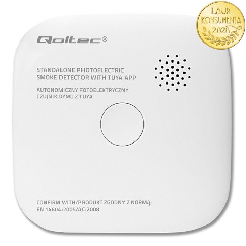 Qoltec Certyfikowany bezprzewodowy Czujnik dymu z baterią | Tuya | Wi-fi | żywotność sensora 10 lat | alarm 85dB | LED