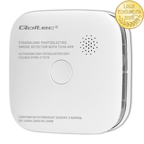 Qoltec Certyfikowany bezprzewodowy Czujnik dymu z baterią | Tuya | Wi-fi | żywotność sensora 10 lat | alarm 85dB | LED
