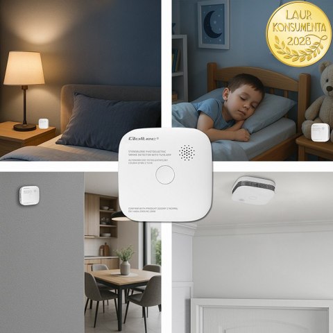 Qoltec Certyfikowany bezprzewodowy Czujnik dymu z baterią | Tuya | Wi-fi | żywotność sensora 10 lat | alarm 85dB | LED