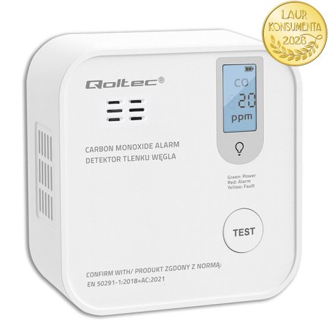 Qoltec Certyfikowany bezprzewodowy Czujnik tlenku węgla (czadu) z baterią | detektor CO | żywotność sensora 10 lat | alarm 85dB 
