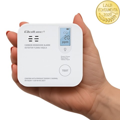 Qoltec Certyfikowany bezprzewodowy Czujnik tlenku węgla (czadu) z baterią | detektor CO | żywotność sensora 10 lat | alarm 85dB 