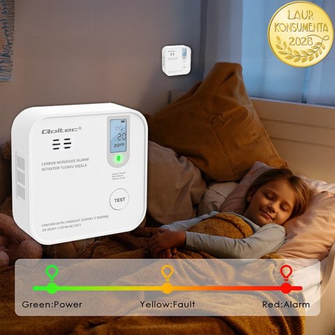 Qoltec Certyfikowany bezprzewodowy Czujnik tlenku węgla (czadu) z baterią | detektor CO | żywotność sensora 10 lat | alarm 85dB 