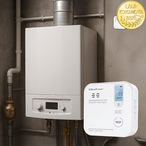 Qoltec Certyfikowany bezprzewodowy Czujnik tlenku węgla (czadu) z baterią | detektor CO | żywotność sensora 10 lat | alarm 85dB 