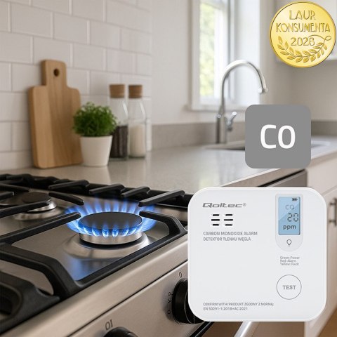 Qoltec Certyfikowany bezprzewodowy Czujnik tlenku węgla (czadu) z baterią | detektor CO | żywotność sensora 10 lat | alarm 85dB 