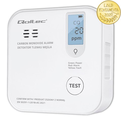 Qoltec Certyfikowany bezprzewodowy Czujnik tlenku węgla (czadu) z baterią | detektor CO | żywotność sensora 10 lat | alarm 85dB 