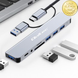 Qoltec Hub Adapter 8w1 USB-C/USB | USB-C | 4xUSB | SD/TF card | JACK 3.5mm TRRS