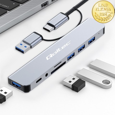 Qoltec Hub Adapter 8w1 USB-C/USB | USB-C | 4xUSB | SD/TF card | JACK 3.5mm TRRS