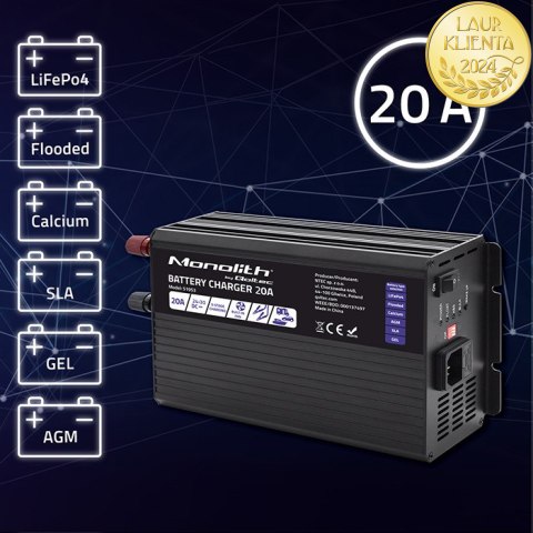Qoltec Inteligentna ładowarka Monolith do akumulatorów LiFePO4 AGM GEL SLA | 20A | 24V