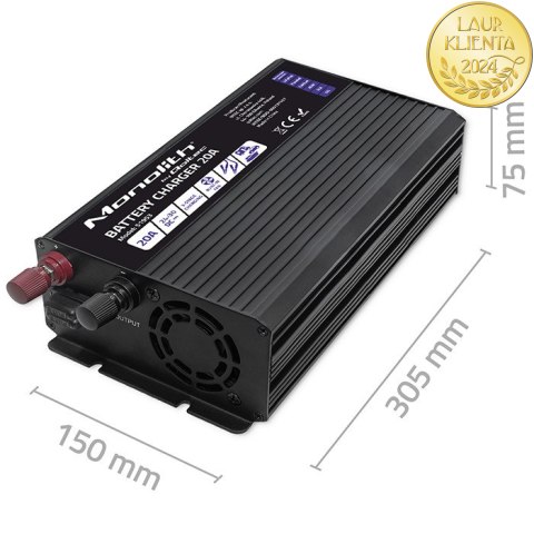Qoltec Inteligentna ładowarka Monolith do akumulatorów LiFePO4 AGM GEL SLA | 20A | 24V