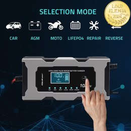 Qoltec Inteligentna mikroprocesorowa ładowarka 12V 10A | Prostownik z funkcją naprawy do akumulatora AGM GEL LiFePO4 | LCD