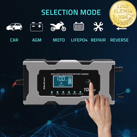 Qoltec Inteligentna mikroprocesorowa ładowarka 12V 10A | Prostownik z funkcją naprawy do akumulatora AGM GEL LiFePO4 | LCD