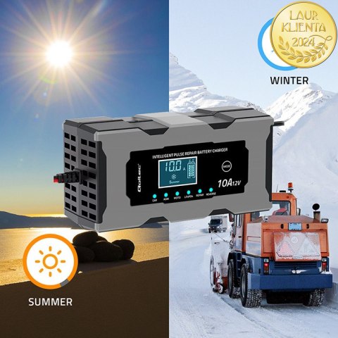 Qoltec Inteligentna mikroprocesorowa ładowarka 12V 10A | Prostownik z funkcją naprawy do akumulatora AGM GEL LiFePO4 | LCD