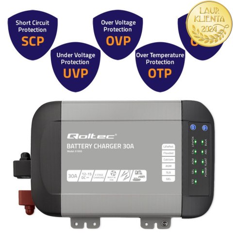Qoltec Inteligentna profesjonalna ładowarka Monolith do akumulatorów LiFePO4 AGM GEL SLA | 30A | 12V