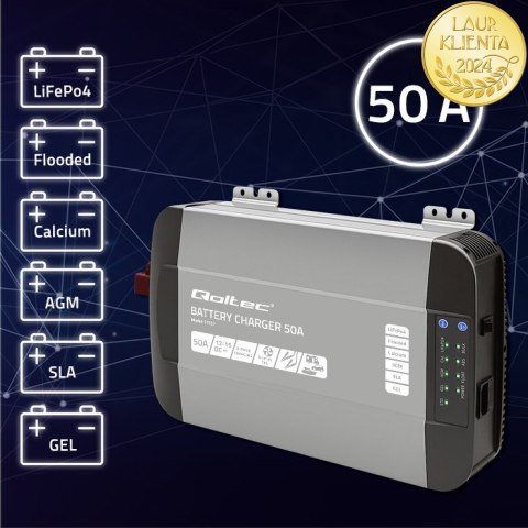 Qoltec Inteligentna profesjonalna ładowarka Monolith do akumulatorów LiFePO4 AGM GEL SLA | 50A | 12V