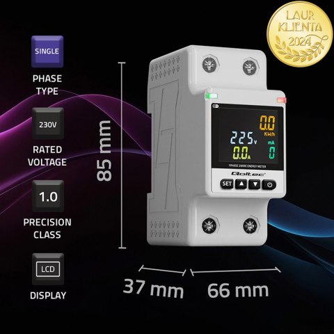 Qoltec Jednofazowy elektroniczny licznik watomierz | miernik zużycia energii | DIN35 | Zdalne sterowanie | Historia pomiaru | Wi