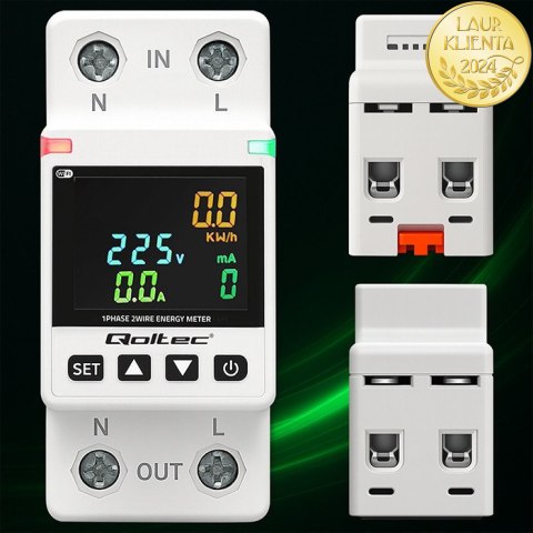 Qoltec Jednofazowy elektroniczny licznik watomierz | miernik zużycia energii | DIN35 | Zdalne sterowanie | Historia pomiaru | Wi