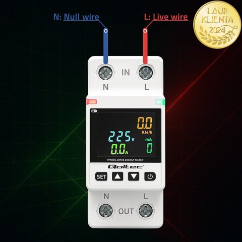 Qoltec Jednofazowy elektroniczny licznik watomierz | miernik zużycia energii | DIN35 | Zdalne sterowanie | Historia pomiaru | Wi