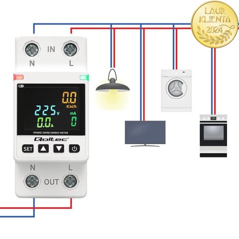 Qoltec Jednofazowy elektroniczny licznik watomierz | miernik zużycia energii | DIN35 | Zdalne sterowanie | Historia pomiaru | Wi