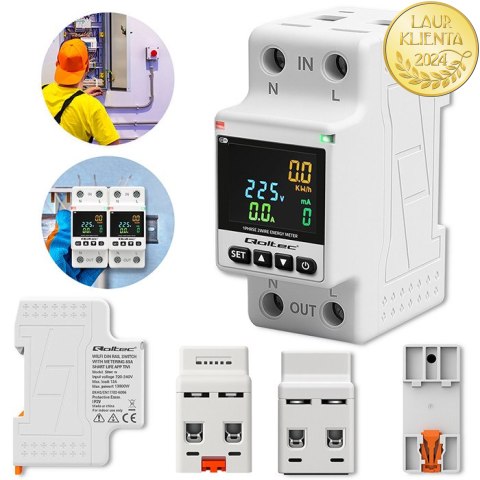 Qoltec Jednofazowy elektroniczny licznik watomierz | miernik zużycia energii | DIN35 | Zdalne sterowanie | Historia pomiaru | Wi