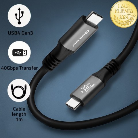 Qoltec Kabel USB4 Ultra-Fast | USB-C PD 240W | Thunderbolt 3/4 | 4K | 40Gb/s | 1m | Czarny