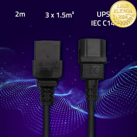 Qoltec Kabel przedłużający zasilający IEC C14/C19 | 3x1.5mm² | 2m