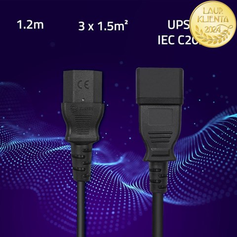Qoltec Kabel przedłużający zasilający IEC C20/C13 | 3x1.5mm² | 1.2m