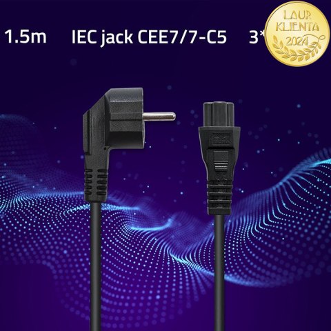 Qoltec Kabel zasilający kątowy SCHUKO | IEC C5 | Koniczynka | 3x1.0mm² | 1.5m