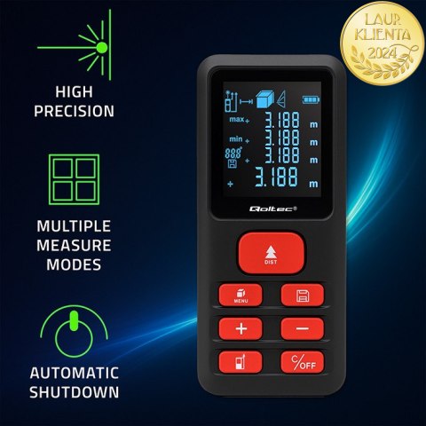 Qoltec Precyzyjny cyfrowy dalmierz laserowy z elektroniczną poziomicą | podświetlany LCD | 50m