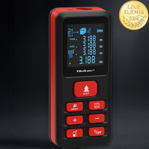 Qoltec Precyzyjny cyfrowy dalmierz laserowy z elektroniczną poziomicą | podświetlany LCD | 50m