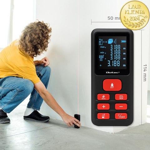 Qoltec Precyzyjny cyfrowy dalmierz laserowy z elektroniczną poziomicą | podświetlany LCD | 50m