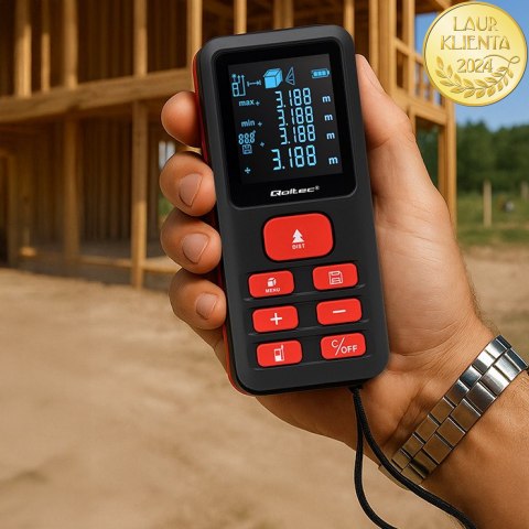 Qoltec Precyzyjny cyfrowy dalmierz laserowy z elektroniczną poziomicą | podświetlany LCD | 50m