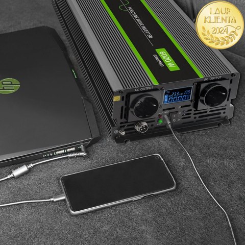 Qoltec Przetwornica napięcia Monolith | 3000W | 6000W | 24V na 230V | Czysty Sinus | LCD