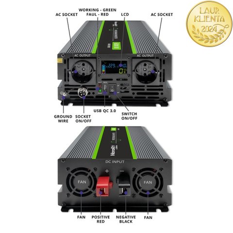 Qoltec Przetwornica napięcia Monolith | 3000W | 6000W | 24V na 230V | Czysty Sinus | LCD