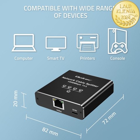 Qoltec Rozdzielacz Splitter Ethernet mini SWITCH 1x4 RJ45 | 1000Mb/s | USB-C | Aluminium