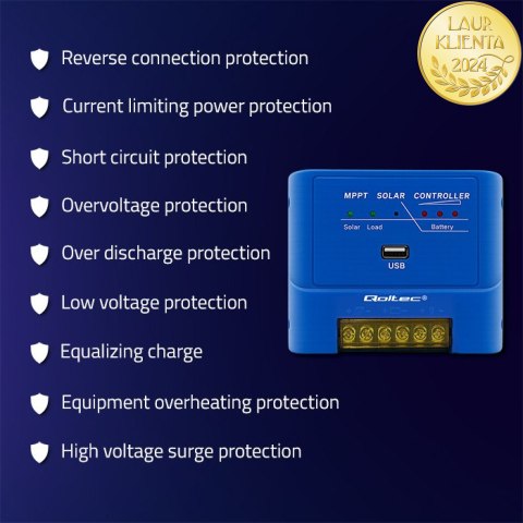 Qoltec Solarny regulator ładowania MPPT 15A do zasilania odbiorników DC i ładowania akumulatorów 12V / 24V | AGM | GEL
